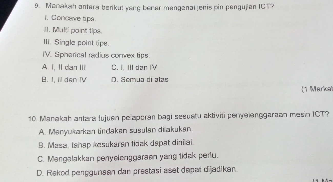 Selesai:Manakah antara berikut yang benar mengenai jenis pin pengujian